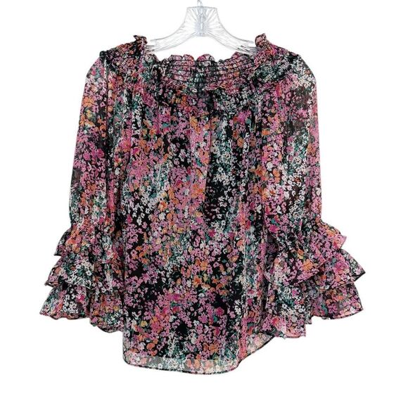 CeCe Off-shoulder Black Floral Print with smocking and ruffles - Picture 2 of 10